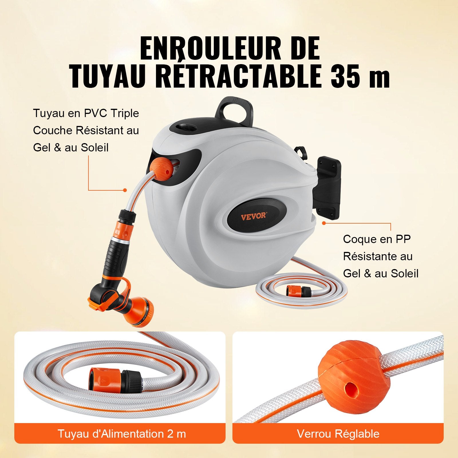 VEVOR Retractable Hose Reel Water Hose Reel 35m x 1.3cm 180° Swivel Wall-Mounted