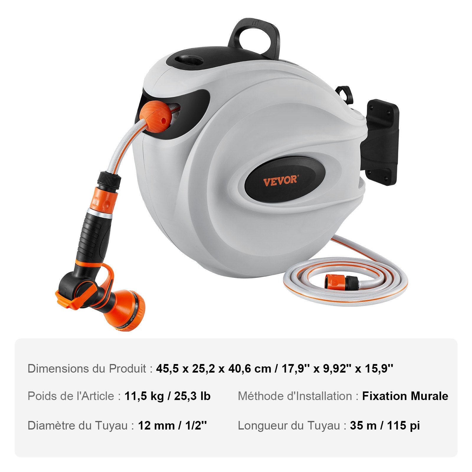VEVOR Retractable Hose Reel Water Hose Reel 35m x 1.3cm 180° Swivel Wall-Mounted
