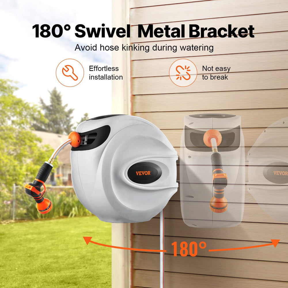VEVOR Retractable Garden Hose Reel, 1/2" x 131.23 ft Wall Mounted Hose Reel, Heavy Duty Garden Hose Reel with 9 Patterns Nozzle, Any Length Lock, Auto-Rewind Slow Return System and 180°Swivel Bracket