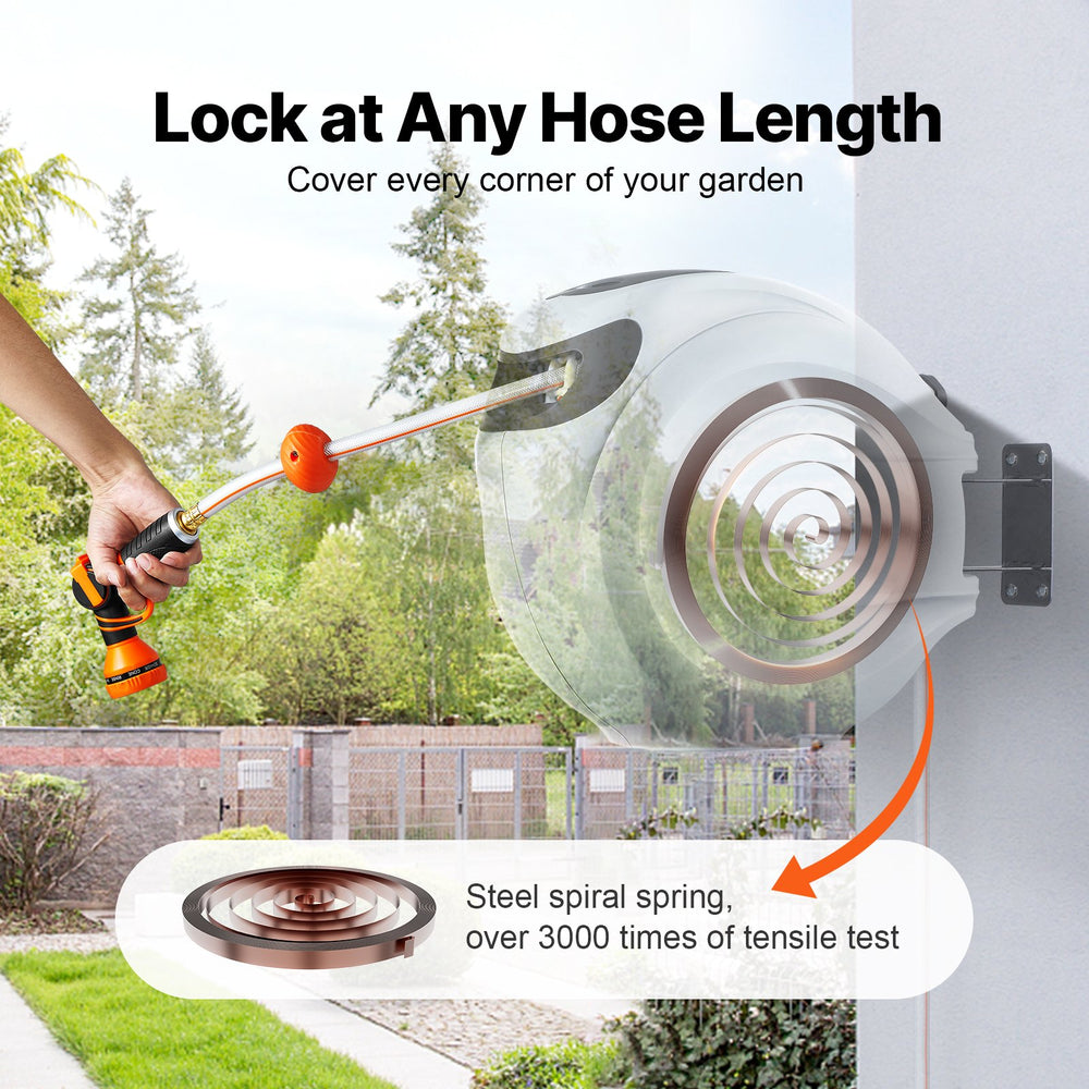 VEVOR Retractable Garden Hose Reel, 1/2" x 131.23 ft Wall Mounted Hose Reel, Heavy Duty Garden Hose Reel with 9 Patterns Nozzle, Any Length Lock, Auto-Rewind Slow Return System and 180°Swivel Bracket
