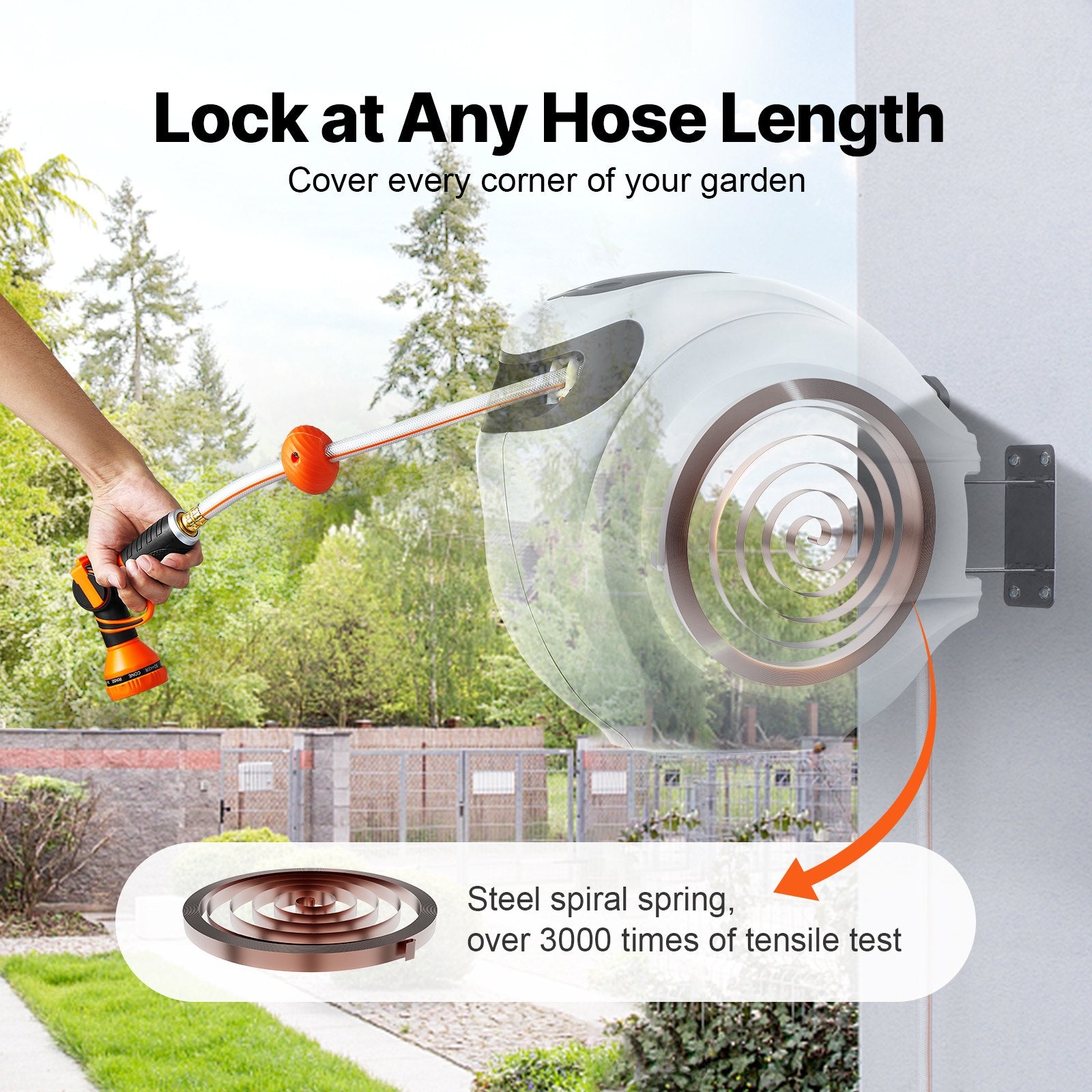 VEVOR Retractable Garden Hose Reel, 1/2" x 131.23 ft Wall Mounted Hose Reel, Heavy Duty Garden Hose Reel with 9 Patterns Nozzle, Any Length Lock, Auto-Rewind Slow Return System and 180°Swivel Bracket