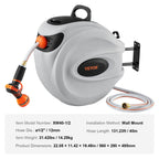 VEVOR Retractable Garden Hose Reel, 1/2" x 131.23 ft Wall Mounted Hose Reel, Heavy Duty Garden Hose Reel with 9 Patterns Nozzle, Any Length Lock, Auto-Rewind Slow Return System and 180°Swivel Bracket