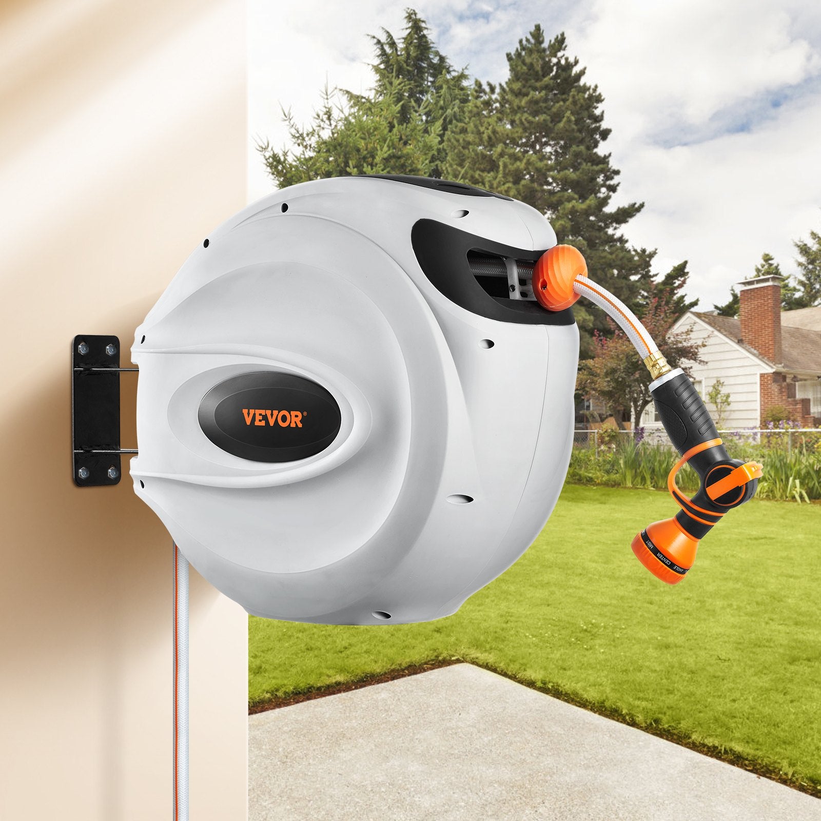 VEVOR Retractable Garden Hose Reel, 1/2" x 131.23 ft Wall Mounted Hose Reel, Heavy Duty Garden Hose Reel with 9 Patterns Nozzle, Any Length Lock, Auto-Rewind Slow Return System and 180°Swivel Bracket