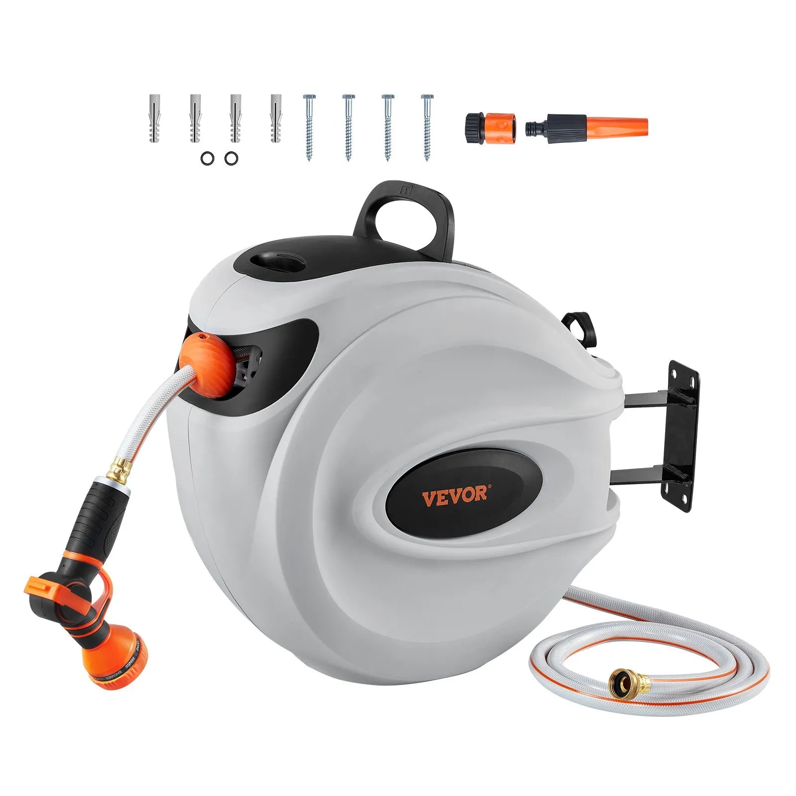 VEVOR Retractable Garden Hose Reel, 1/2" x 131.23 ft Wall Mounted Hose Reel, Heavy Duty Garden Hose Reel with 9 Patterns Nozzle, Any Length Lock, Auto-Rewind Slow Return System and 180°Swivel Bracket