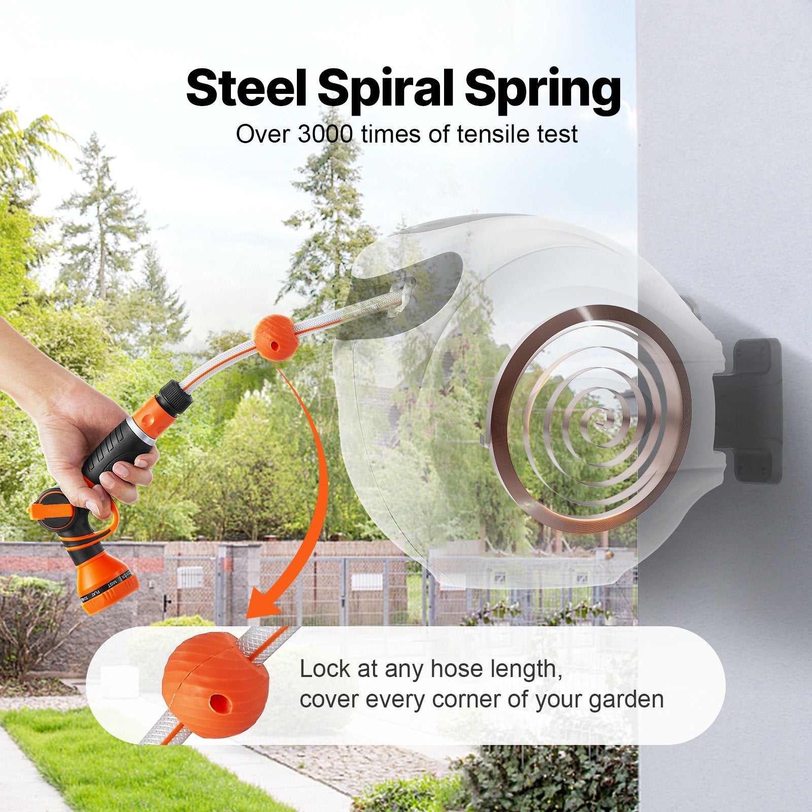 VEVOR Retractable Garden Hose Reel, 1/2 in x 98.43 ft Wall Mounted Hose Reel, Heavy Duty Garden Hose Reel with 9 Patterns Nozzle, Any Length Lock, Auto-Rewind Slow Return System and 180°Swivel Bracket
