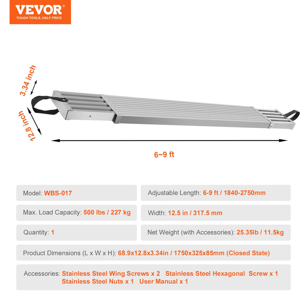 VEVOR Aluminum Work Plank Telescoping 6-9 ft/1.8-2.7 m 500 lb/226.8 kg Capacity Scaffold Plank