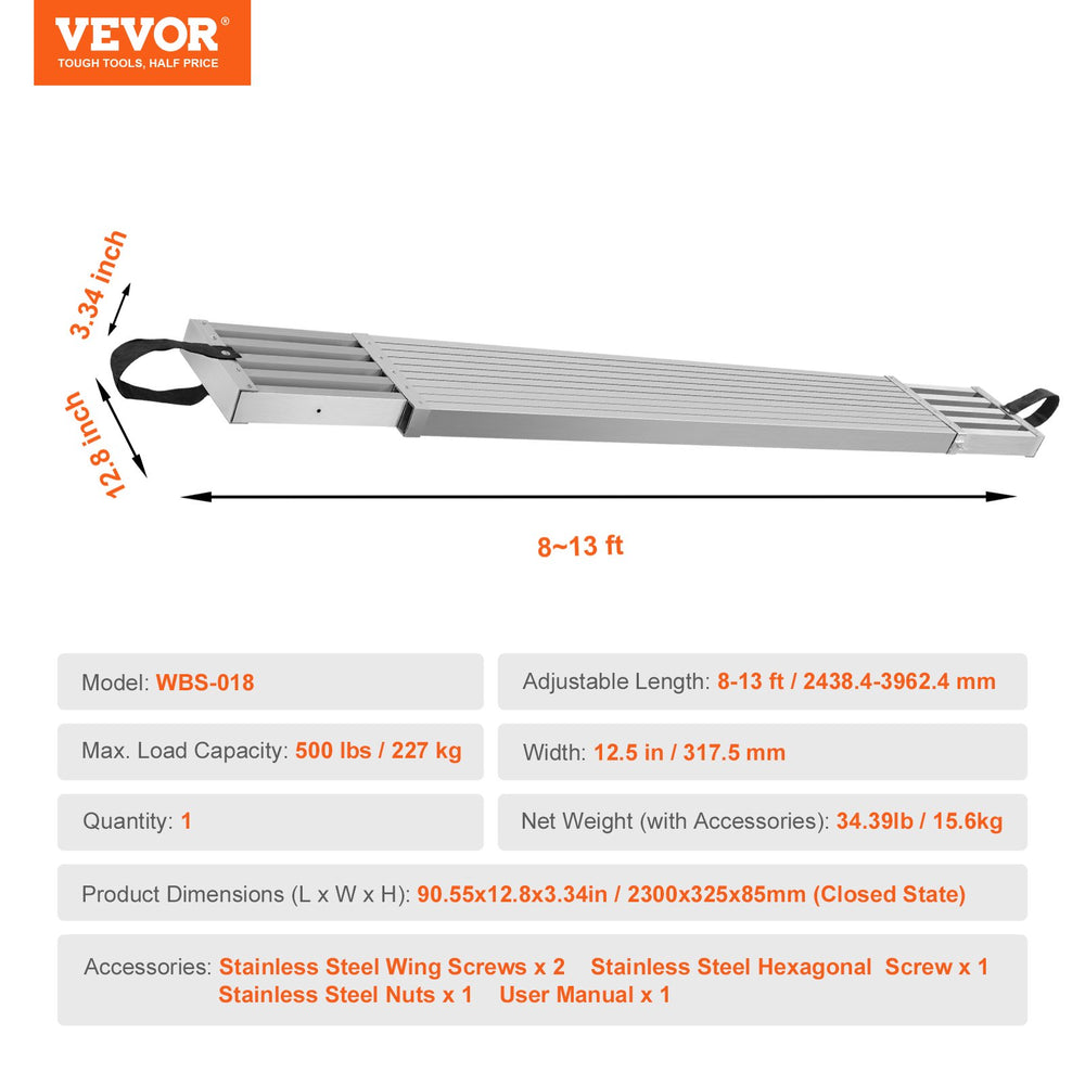 VEVOR Aluminum Work Plank Telescoping 8-13 ft/2.4-4 m 500 lb/226.8 kg Capacity Scaffold Plank