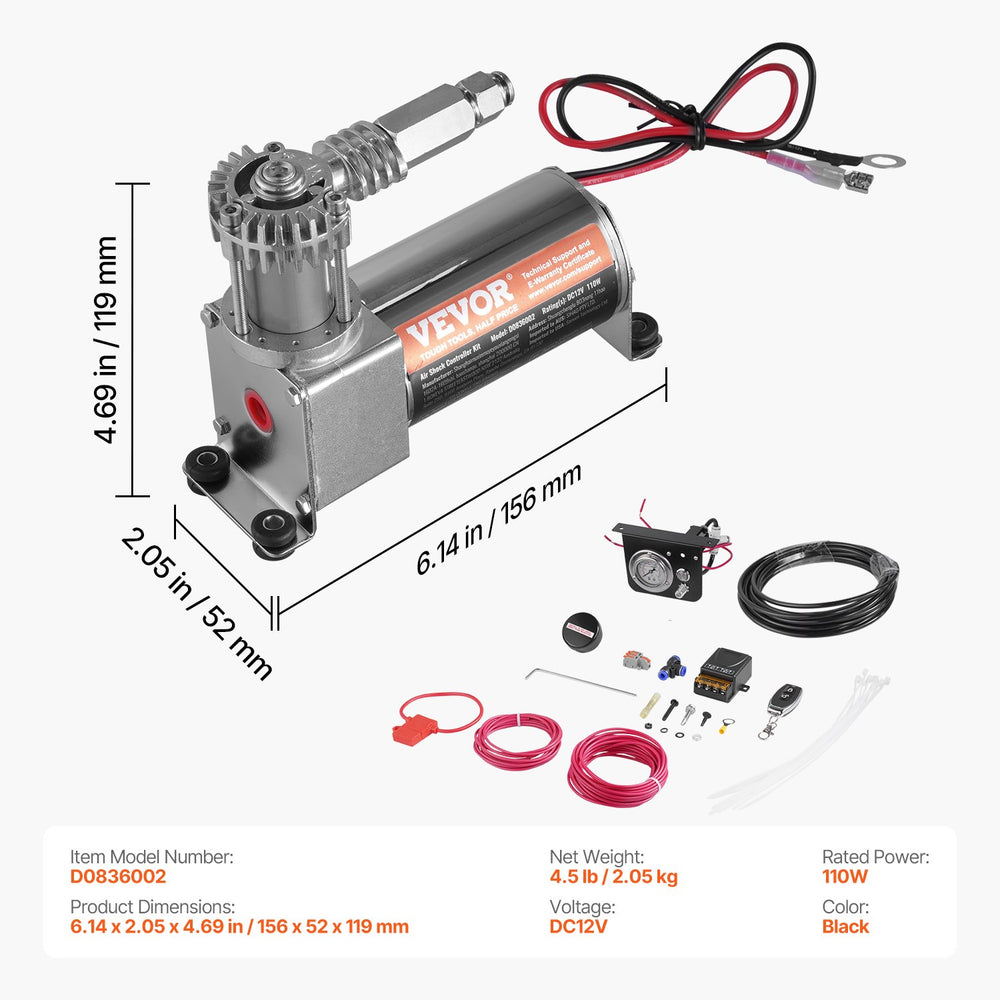 VEVOR Air Shock Controller Kit, 12V 100PSI On Board Air Compressor System, Air Ride Suspension Compressor Kit with Single Path System, Pressure Gauge & Air Line for Trucks Vans