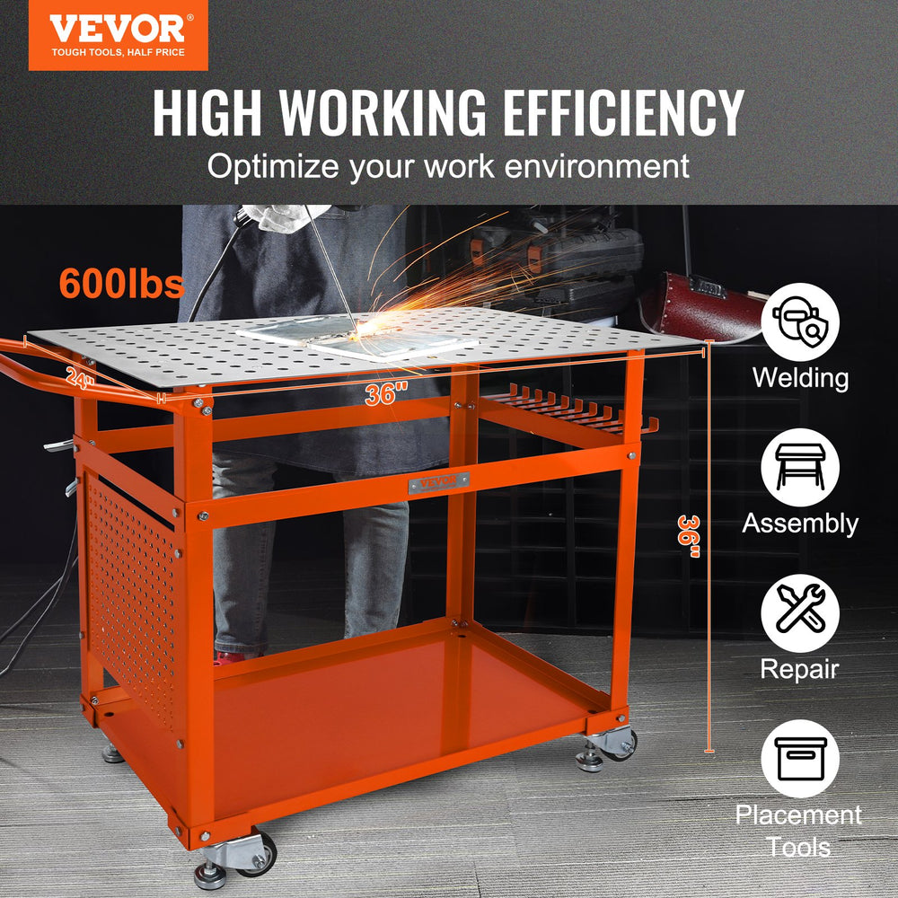 VEVOR Welding Table 91.4 cm x 61 cm, 272 kg Load Capacity Steel Welding Workbench Table on Wheels, Portable Work Bench with Double-layer Storage Board, 1.6 cm Fixture Holes, 11 Hooks