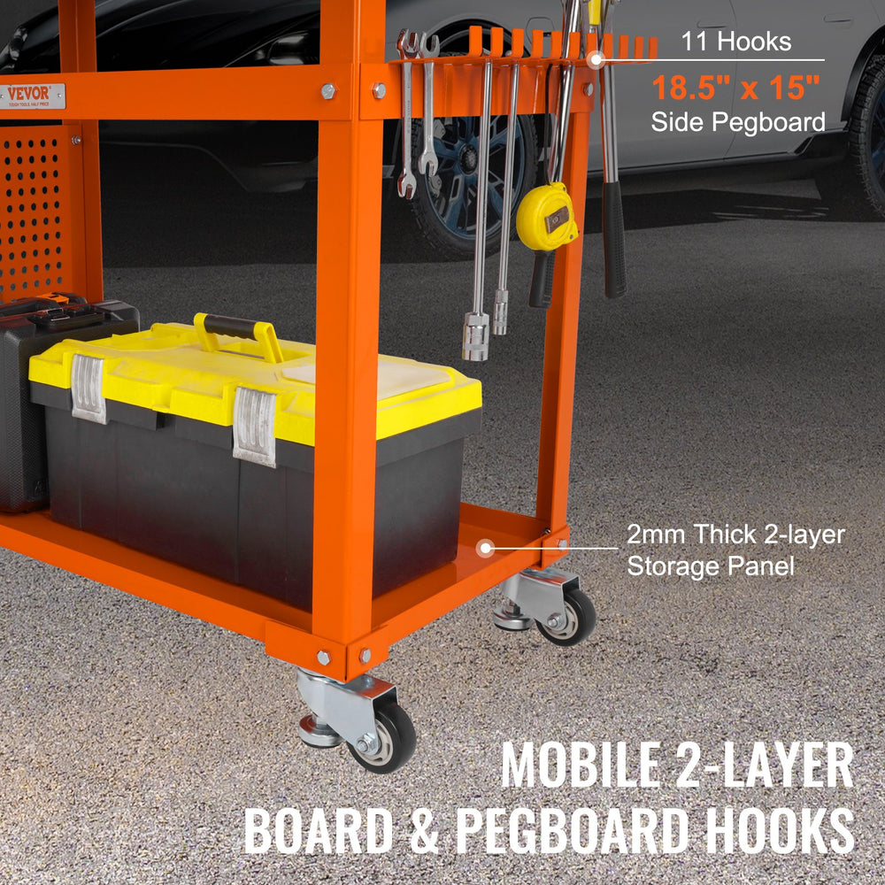 VEVOR Welding Table 91.4 cm x 61 cm, 272 kg Load Capacity Steel Welding Workbench Table on Wheels, Portable Work Bench with Double-layer Storage Board, 1.6 cm Fixture Holes, 11 Hooks