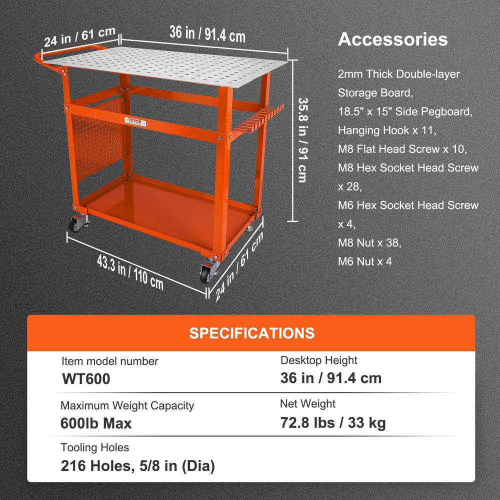 VEVOR Welding Table 91.4 cm x 61 cm, 272 kg Load Capacity Steel Welding Workbench Table on Wheels, Portable Work Bench with Double-layer Storage Board, 1.6 cm Fixture Holes, 11 Hooks