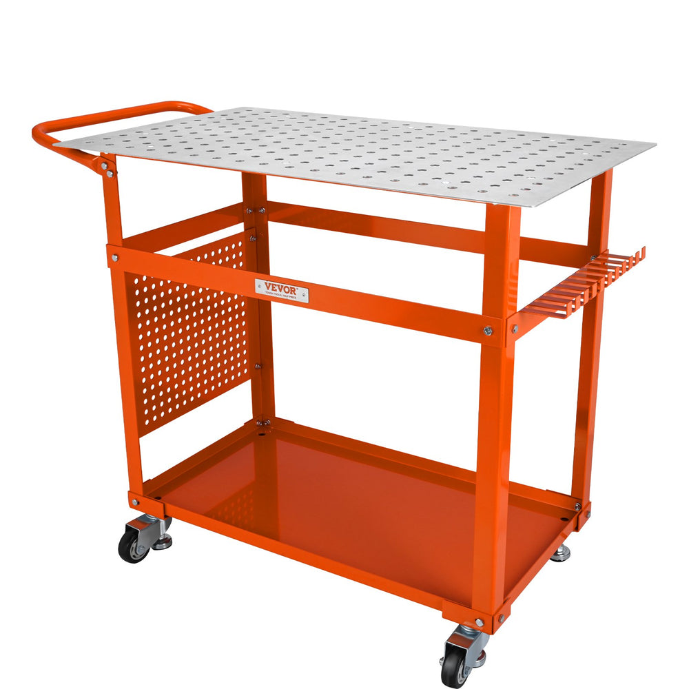 VEVOR Welding Table 91.4 cm x 61 cm, 272 kg Load Capacity Steel Welding Workbench Table on Wheels, Portable Work Bench with Double-layer Storage Board, 1.6 cm Fixture Holes, 11 Hooks