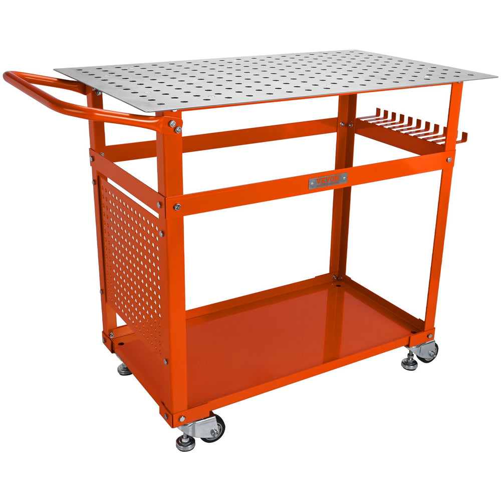 VEVOR Welding Table 91.4 cm x 61 cm, 272 kg Load Capacity Steel Welding Workbench Table on Wheels, Portable Work Bench with Double-layer Storage Board, 1.6 cm Fixture Holes, 11 Hooks