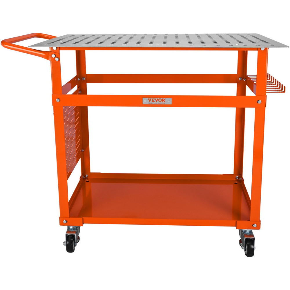 VEVOR Welding Table 91.4 cm x 61 cm, 272 kg Load Capacity Steel Welding Workbench Table on Wheels, Portable Work Bench with Double-layer Storage Board, 1.6 cm Fixture Holes, 11 Hooks