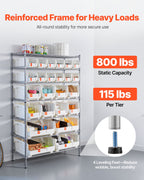 VEVOR 7-Tier Rolling Bin Storage Rack, 24 Organizer Bins, Bin Rack Storage Steel Wire Shelving System with Wheels, Mobile Tool Organizer for Garage, Warehouse, Office, Restaurant, Classroom, Kitchen