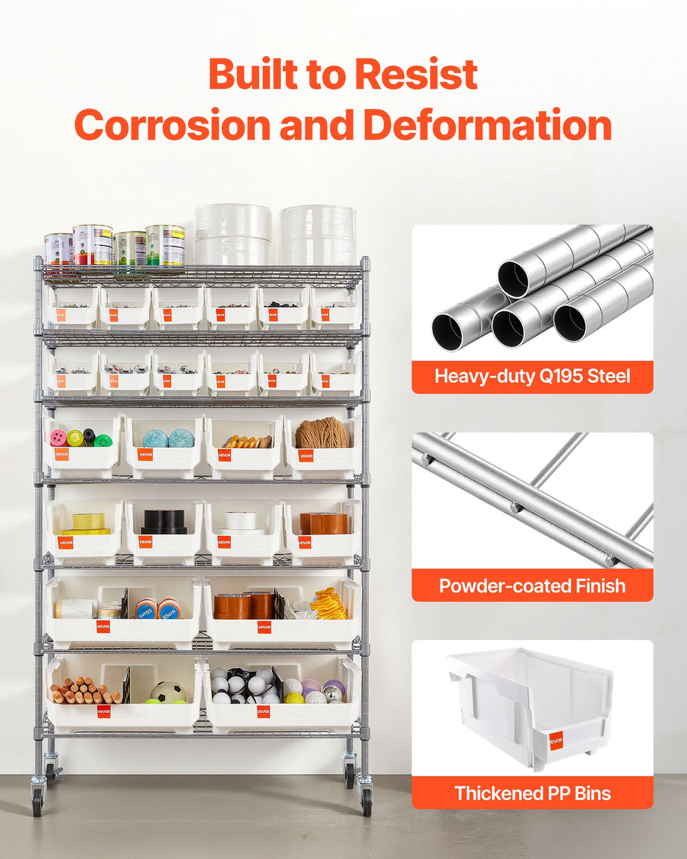 VEVOR 7-Tier Rolling Bin Storage Rack, 24 Organizer Bins, Bin Rack Storage Steel Wire Shelving System with Wheels, Mobile Tool Organizer for Garage, Warehouse, Office, Restaurant, Classroom, Kitchen