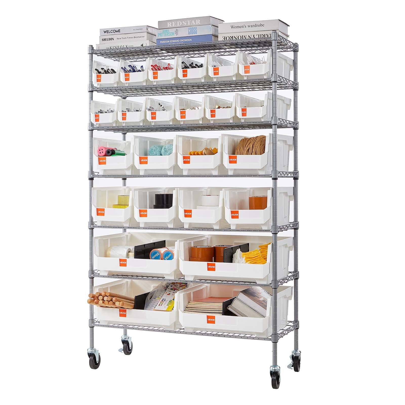 VEVOR 7-Tier Rolling Bin Storage Rack, 24 Organizer Bins, Bin Rack Storage Steel Wire Shelving System with Wheels, Mobile Tool Organizer for Garage, Warehouse, Office, Restaurant, Classroom, Kitchen