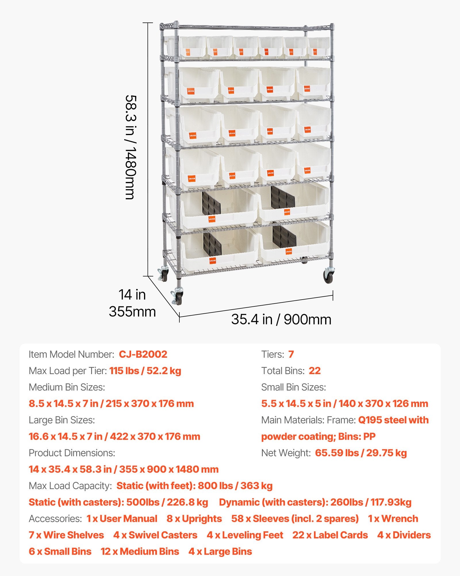VEVOR 7-Tier Rolling Bin Storage Rack, 22 Organizer Bins, Bin Rack Storage Steel Wire Shelving System with Wheels, Mobile Tool Organizer for Garage, Warehouse, Office, Restaurant, Classroom, Kitchen