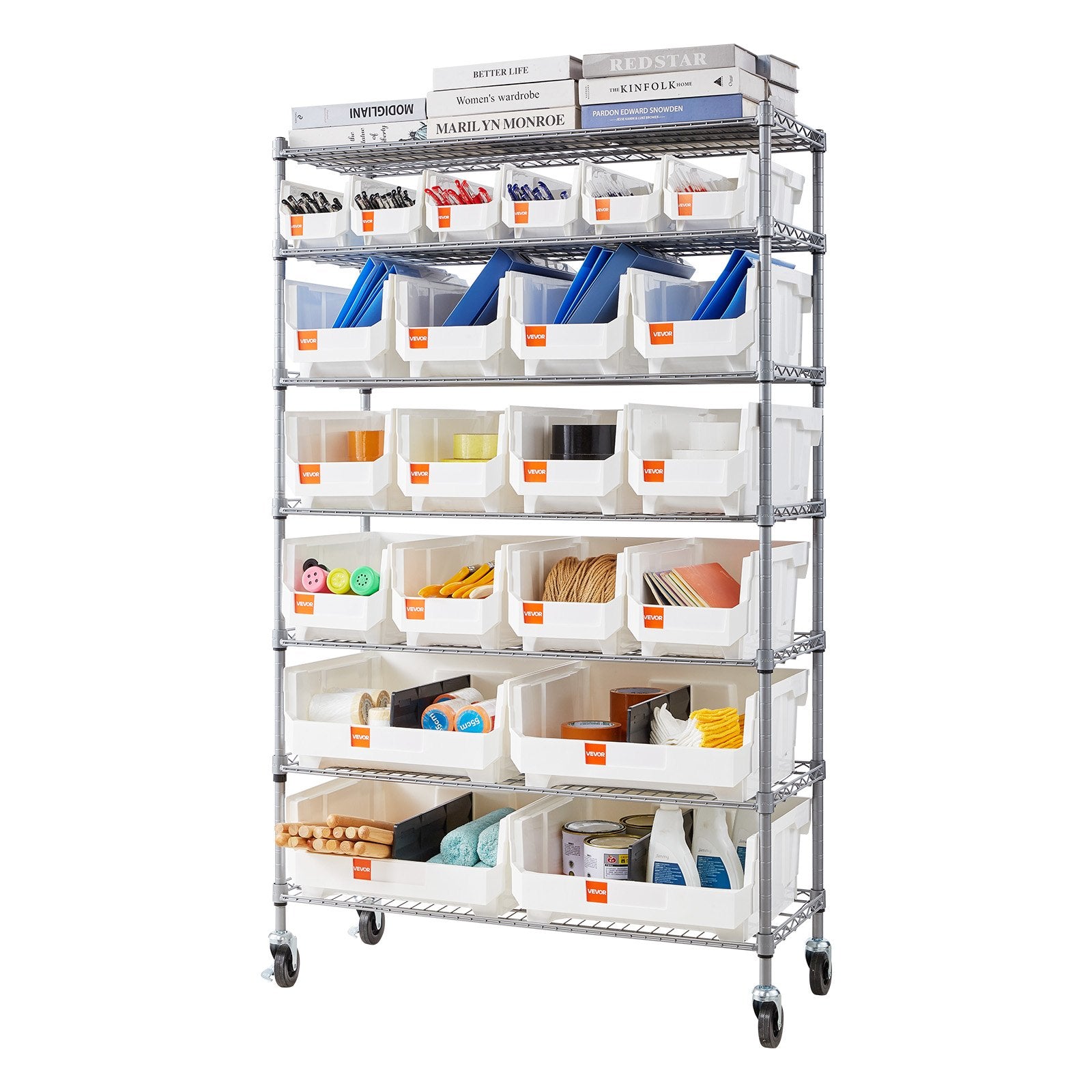 VEVOR 7-Tier Rolling Bin Storage Rack, 22 Organizer Bins, Bin Rack Storage Steel Wire Shelving System with Wheels, Mobile Tool Organizer for Garage, Warehouse, Office, Restaurant, Classroom, Kitchen