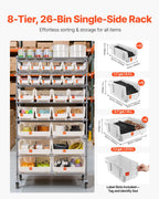 VEVOR 8-Tier Rolling Bin Storage Rack, 26 Organizer Bins, Bin Rack Storage Steel Wire Shelving System with Wheels, Mobile Tool Organizer for Garage, Warehouse, Office, Restaurant, Classroom, Kitchen