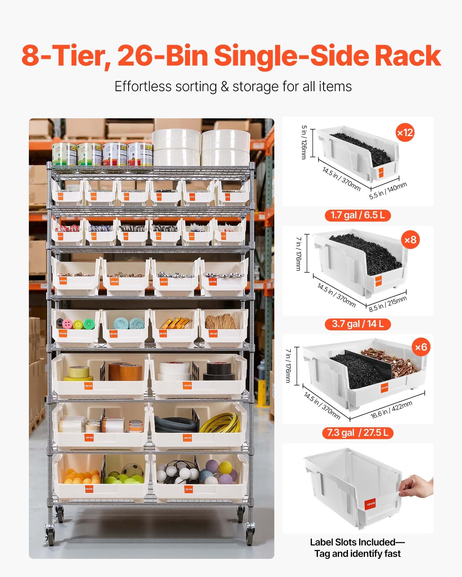 VEVOR 8-Tier Rolling Bin Storage Rack, 26 Organizer Bins, Bin Rack Storage Steel Wire Shelving System with Wheels, Mobile Tool Organizer for Garage, Warehouse, Office, Restaurant, Classroom, Kitchen