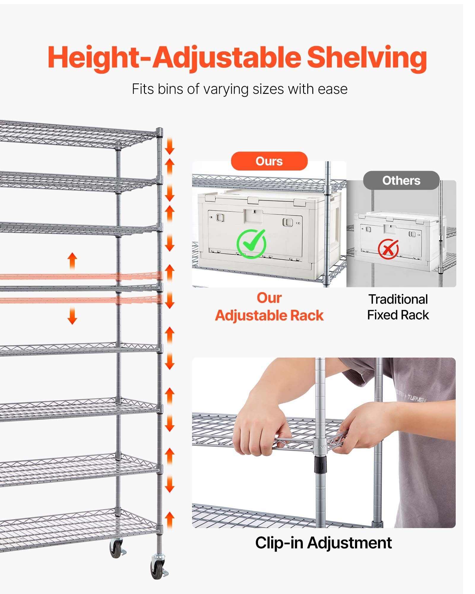 VEVOR 8-Tier Rolling Bin Storage Rack, 26 Organizer Bins, Bin Rack Storage Steel Wire Shelving System with Wheels, Mobile Tool Organizer for Garage, Warehouse, Office, Restaurant, Classroom, Kitchen