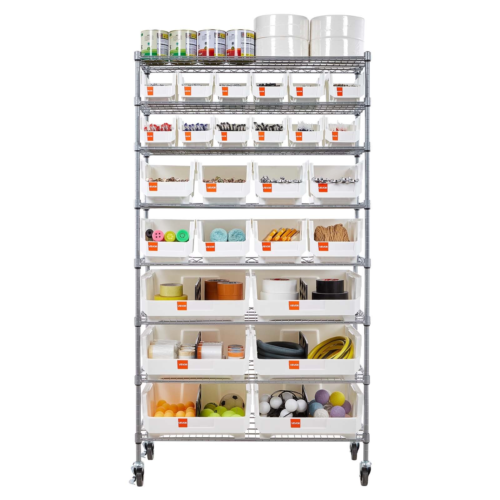 VEVOR 8-Tier Rolling Bin Storage Rack, 26 Organizer Bins, Bin Rack Storage Steel Wire Shelving System with Wheels, Mobile Tool Organizer for Garage, Warehouse, Office, Restaurant, Classroom, Kitchen