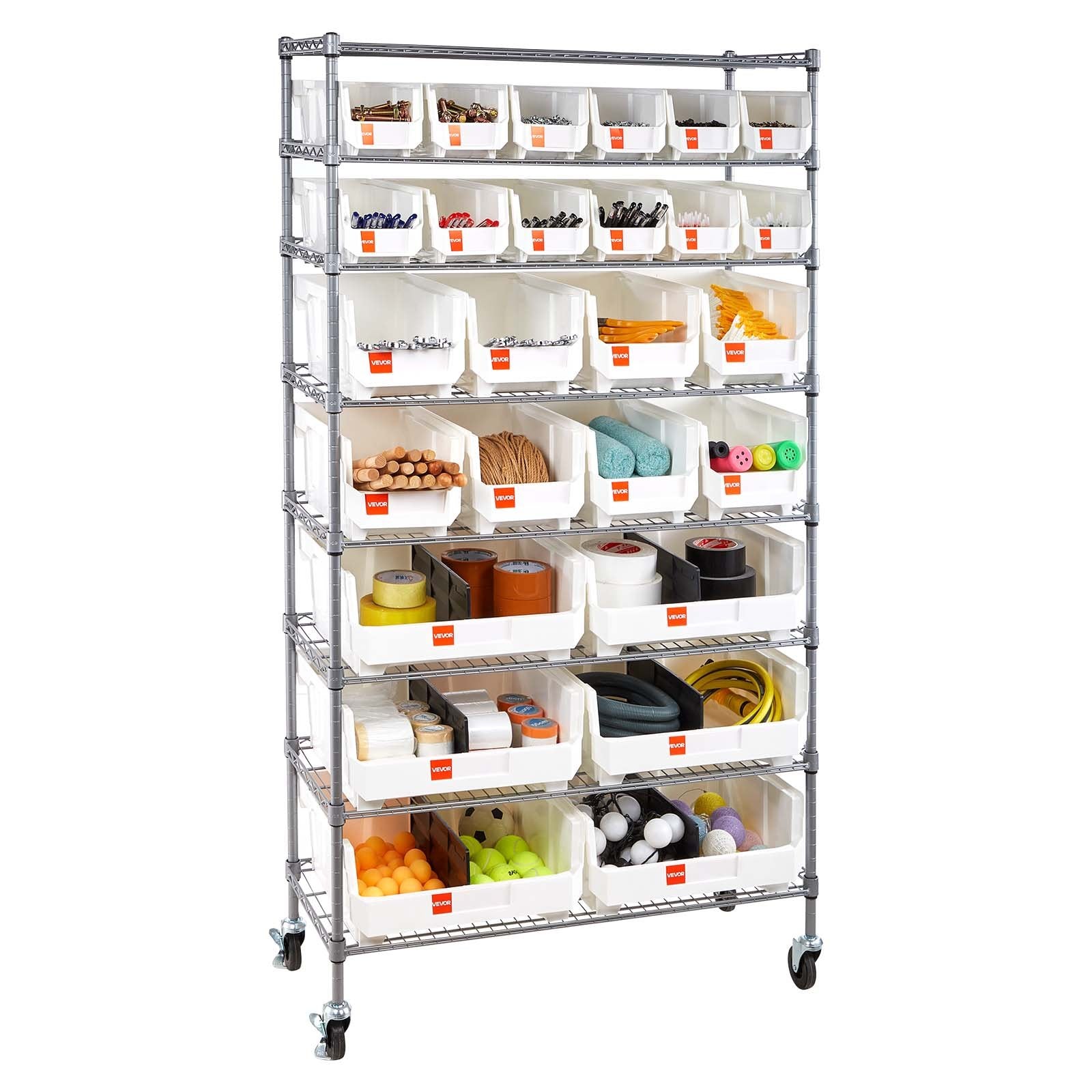 VEVOR 8-Tier Rolling Bin Storage Rack, 26 Organizer Bins, Bin Rack Storage Steel Wire Shelving System with Wheels, Mobile Tool Organizer for Garage, Warehouse, Office, Restaurant, Classroom, Kitchen