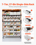 VEVOR 7-Tier Rolling Bin Storage Rack, 26 Organizer Bins, Bin Rack Storage Steel Wire Shelving System with Wheels, Mobile Tool Organizer for Garage, Warehouse, Office, Restaurant, Classroom, Kitchen