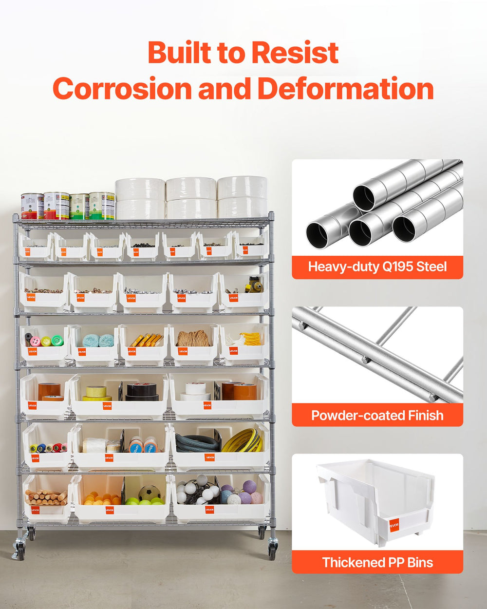 VEVOR 7-Tier Rolling Bin Storage Rack, 26 Organizer Bins, Bin Rack Storage Steel Wire Shelving System with Wheels, Mobile Tool Organizer for Garage, Warehouse, Office, Restaurant, Classroom, Kitchen