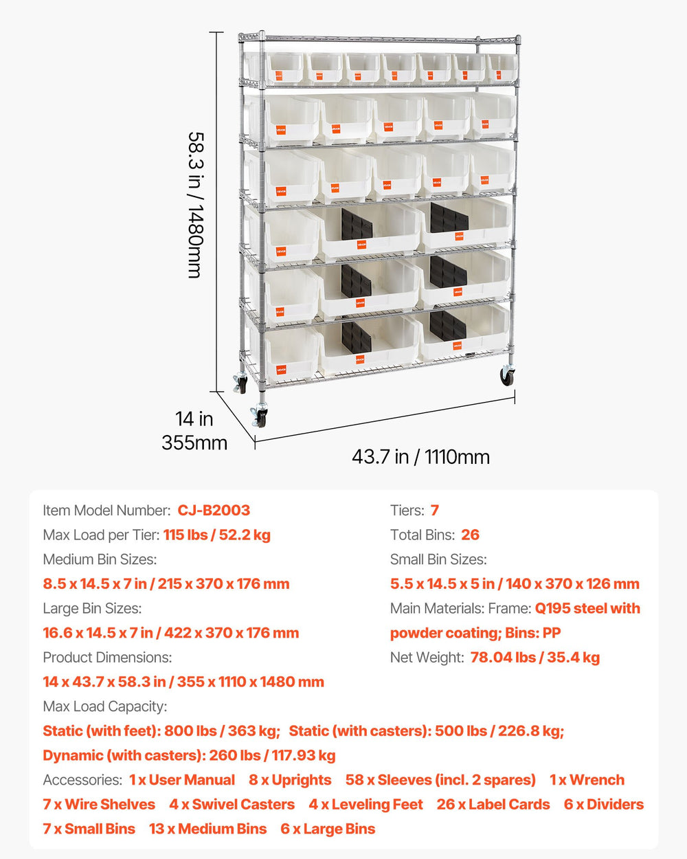 VEVOR 7-Tier Rolling Bin Storage Rack, 26 Organizer Bins, Bin Rack Storage Steel Wire Shelving System with Wheels, Mobile Tool Organizer for Garage, Warehouse, Office, Restaurant, Classroom, Kitchen