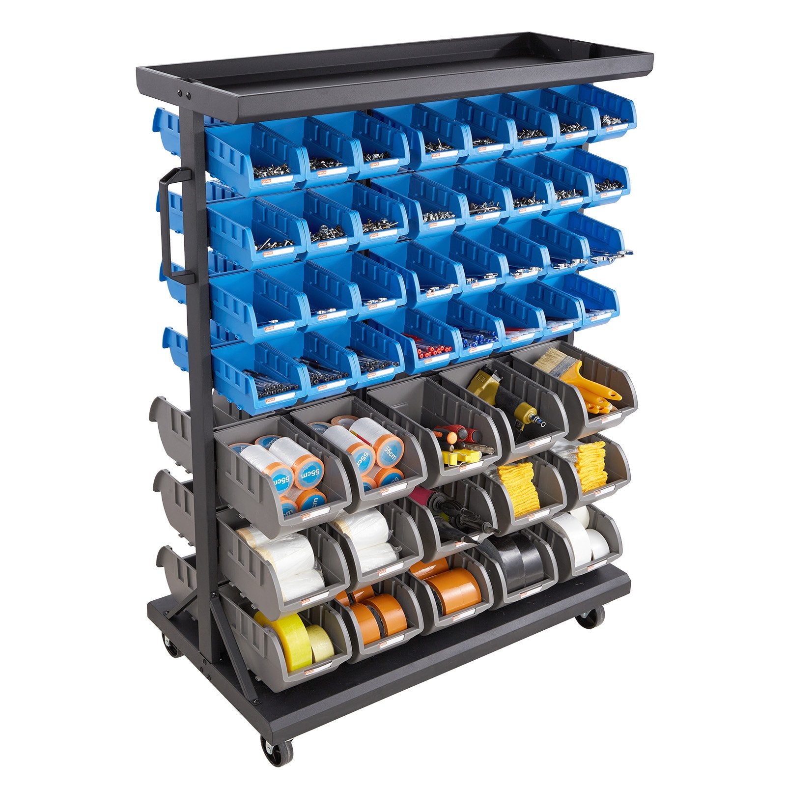 VEVOR 7-Tier Double-Sided Rolling Bin Storage Rack, 94 Plastic Bins, Dual-Sided Parts Organizer with Wheels, Mobile Tool Organizer for Garage, Warehouse, Office, Restaurant, Classroom, Kitchen