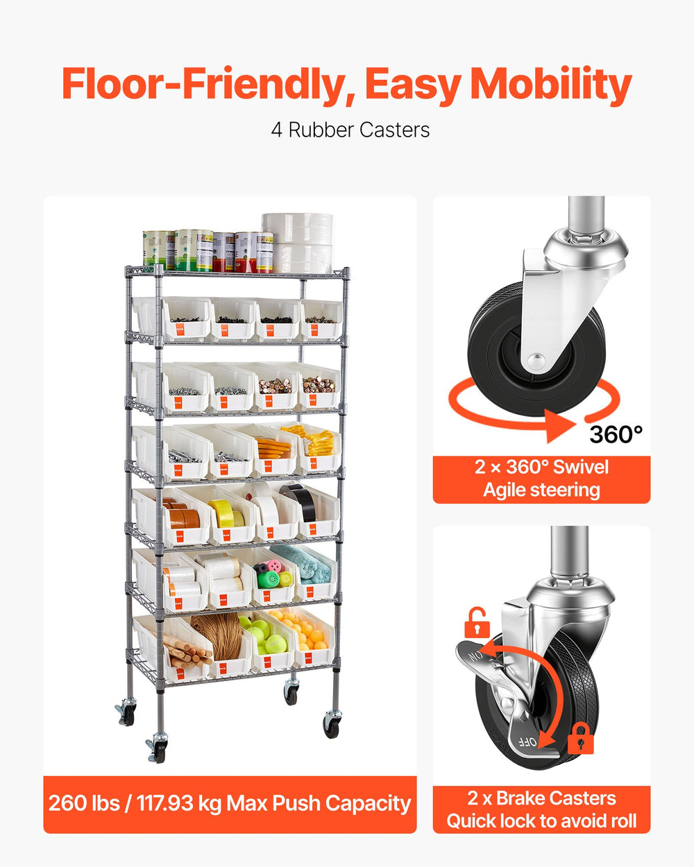 VEVOR 7-Tier Rolling Bin Storage Rack, 24 Small Bins, Bin Rack Storage Steel Wire Shelving System with Wheels, Mobile Tool Organizer for Garage, Warehouse, Office, Restaurant, Classroom, Kitchen