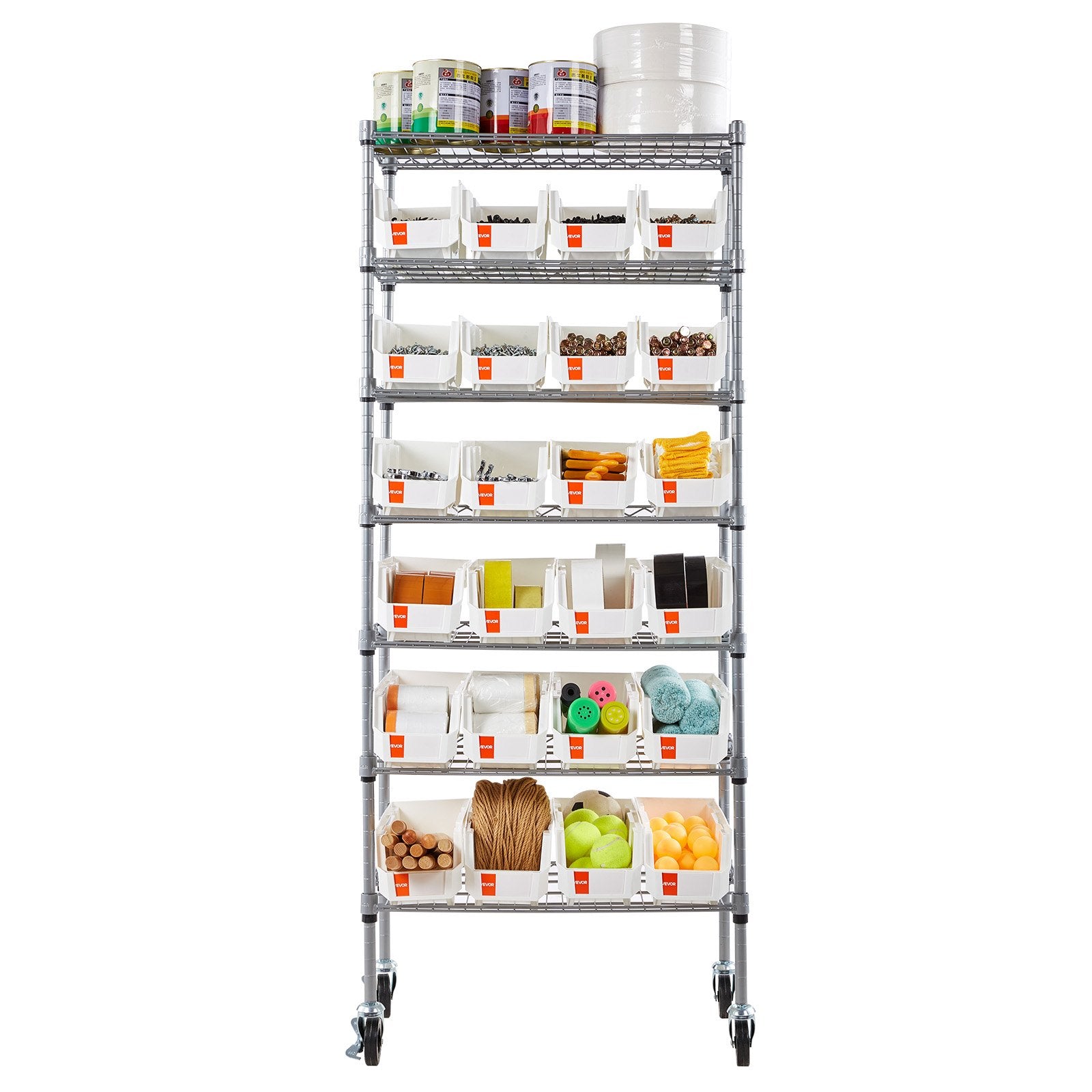 VEVOR 7-Tier Rolling Bin Storage Rack, 24 Small Bins, Bin Rack Storage Steel Wire Shelving System with Wheels, Mobile Tool Organizer for Garage, Warehouse, Office, Restaurant, Classroom, Kitchen