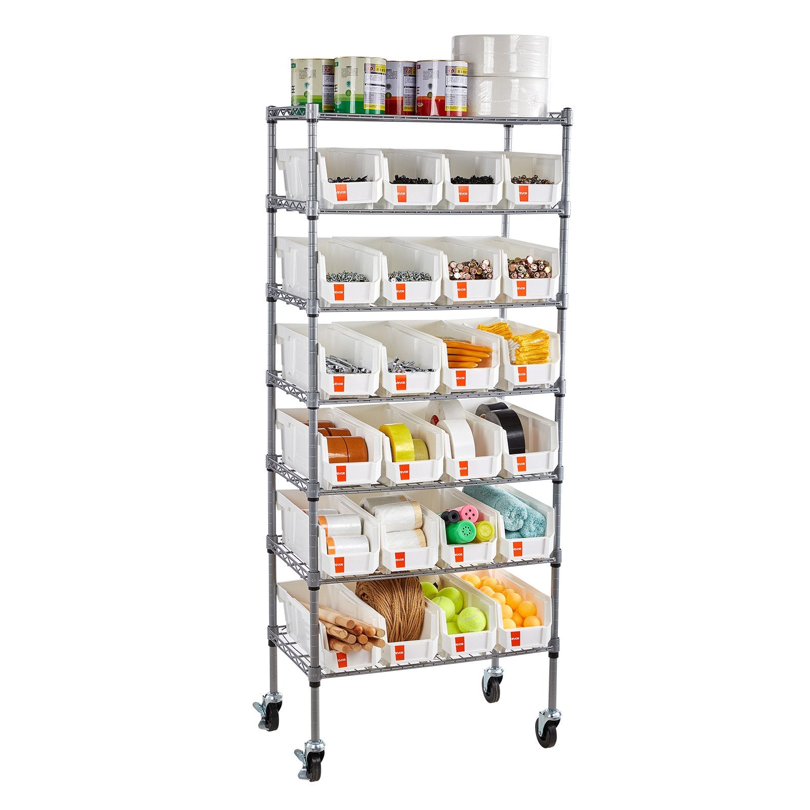 VEVOR 7-Tier Rolling Bin Storage Rack, 24 Small Bins, Bin Rack Storage Steel Wire Shelving System with Wheels, Mobile Tool Organizer for Garage, Warehouse, Office, Restaurant, Classroom, Kitchen