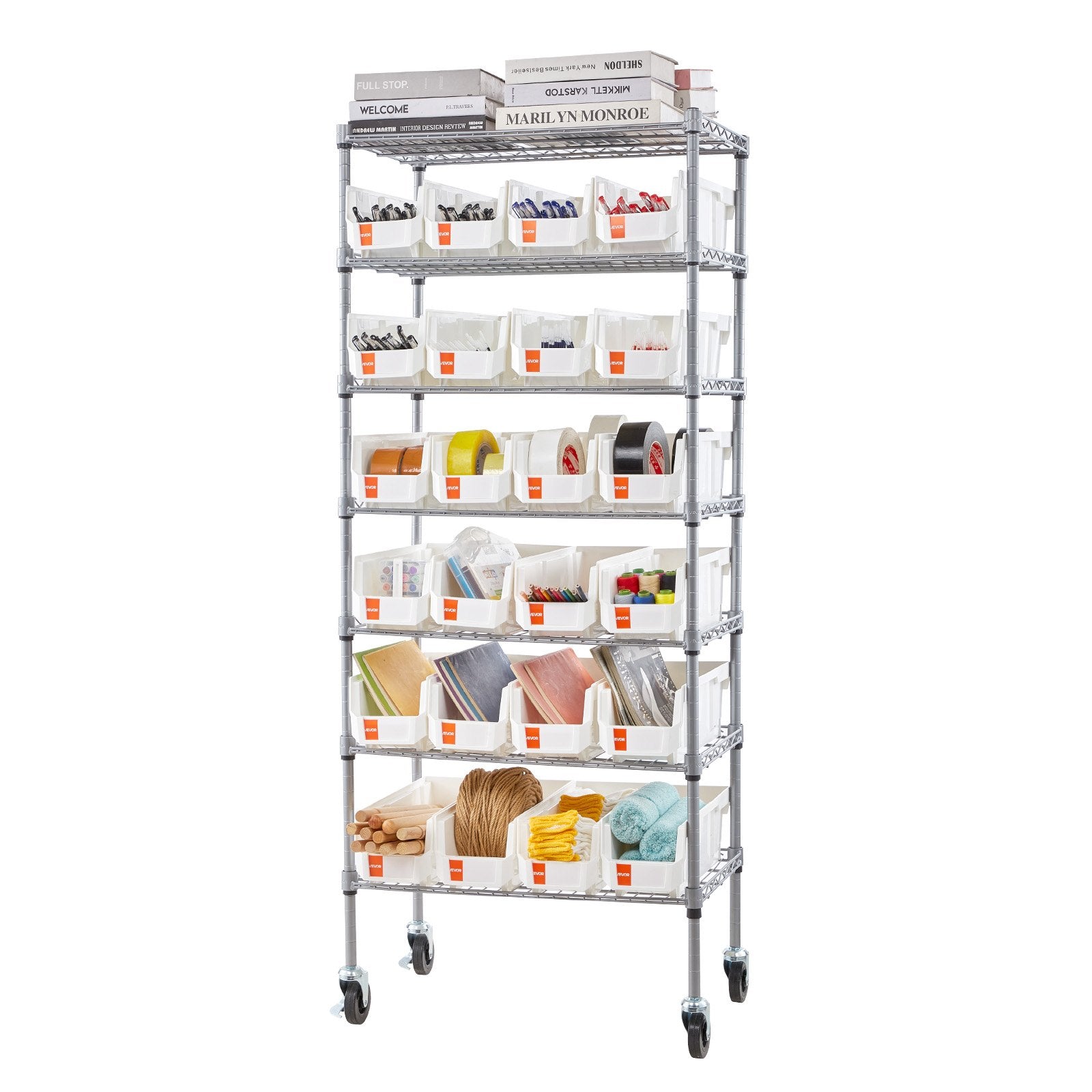 VEVOR 7-Tier Rolling Bin Storage Rack, 24 Small Bins, Bin Rack Storage Steel Wire Shelving System with Wheels, Mobile Tool Organizer for Garage, Warehouse, Office, Restaurant, Classroom, Kitchen