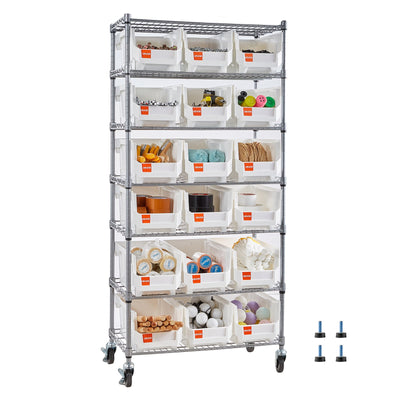 VEVOR 7-Tier Rolling Bin Storage Rack, 18 Organizer Bins, Bin Rack Storage Steel Wire Shelving System with Wheels, Mobile Tool Organizer for Garage, Warehouse, Office, Restaurant, Classroom, Kitchen