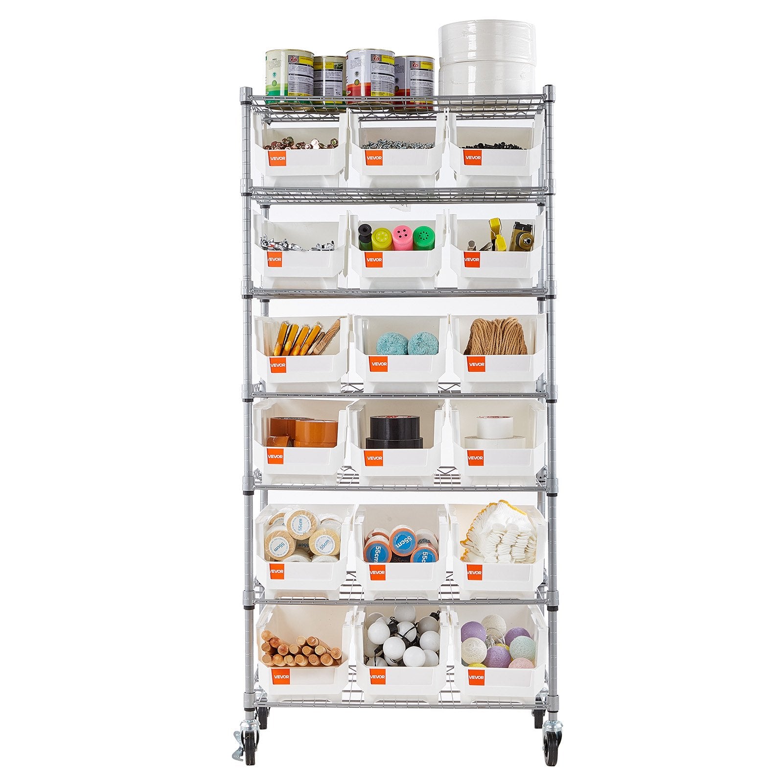 VEVOR 7-Tier Rolling Bin Storage Rack, 18 Organizer Bins, Bin Rack Storage Steel Wire Shelving System with Wheels, Mobile Tool Organizer for Garage, Warehouse, Office, Restaurant, Classroom, Kitchen