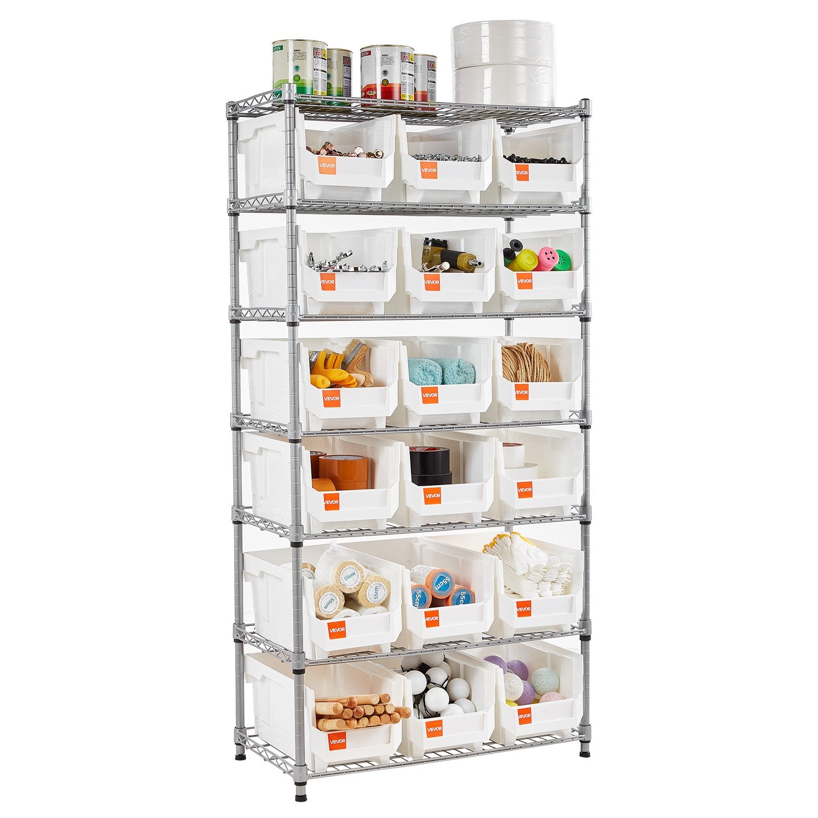 VEVOR 7-Tier Rolling Bin Storage Rack, 18 Organizer Bins, Bin Rack Storage Steel Wire Shelving System with Wheels, Mobile Tool Organizer for Garage, Warehouse, Office, Restaurant, Classroom, Kitchen