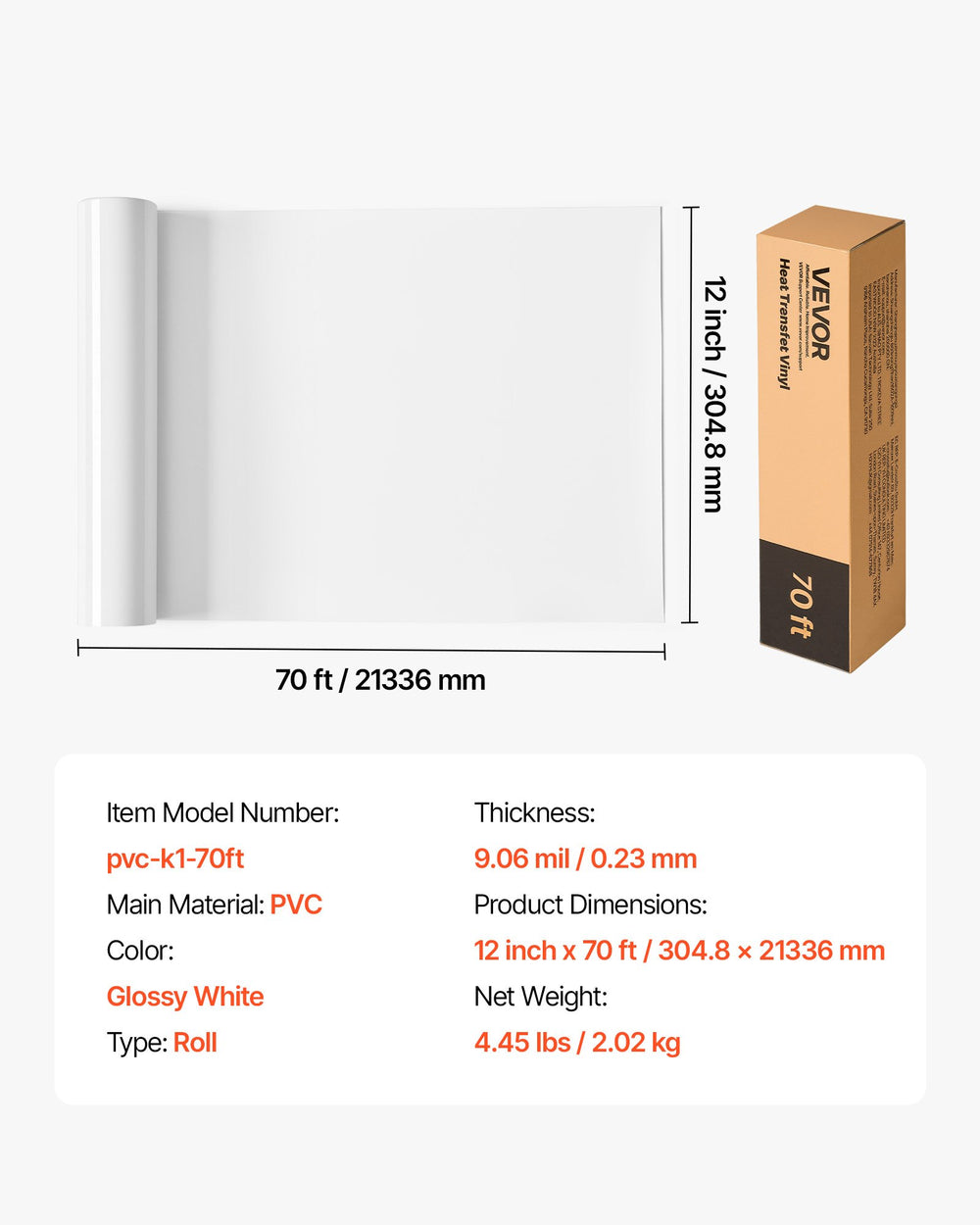 VEVOR Heat Transfer Vinyl, 304.8 x 21336mm, Glossy White HTV Iron on Vinyl Roll, Easy to Cut and Weed, Strong Adhesion, Compatible with Cutting Machines, for Various Materials, T-shirts, Pillows, Hats