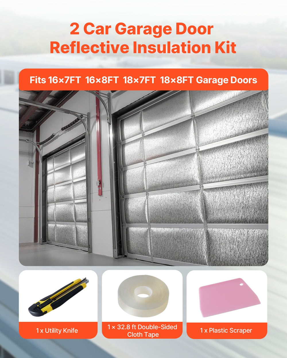 VEVOR Reflective Insulation Roll, 2 Car Garage Door Thermal Insulation Kit, 6mm 5.49 m x 0.61 m, 4 Rolls Aluminum Foil EPE Foam Core Radiant Barrier, White PE Film Heat Shield for Garage Doors