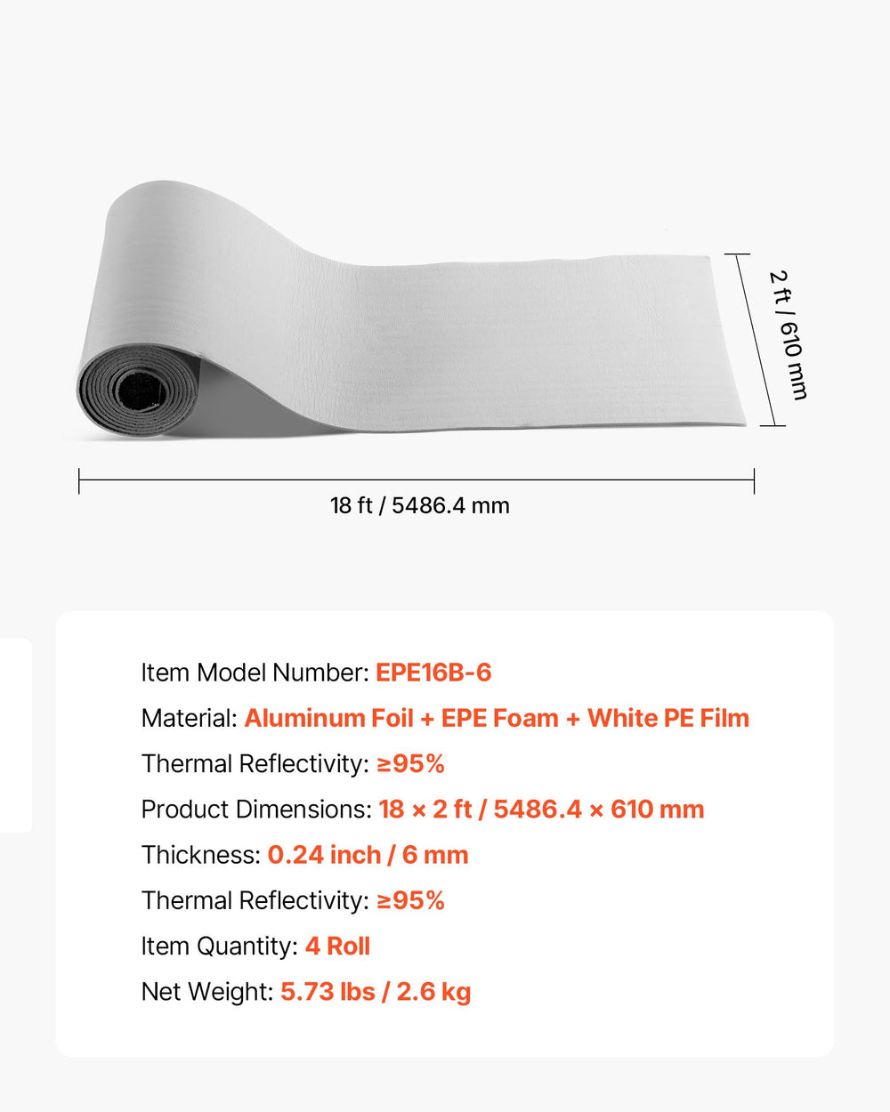 VEVOR Reflective Insulation Roll, 2 Car Garage Door Thermal Insulation Kit, 6mm 5.49 m x 0.61 m, 4 Rolls Aluminum Foil EPE Foam Core Radiant Barrier, White PE Film Heat Shield for Garage Doors