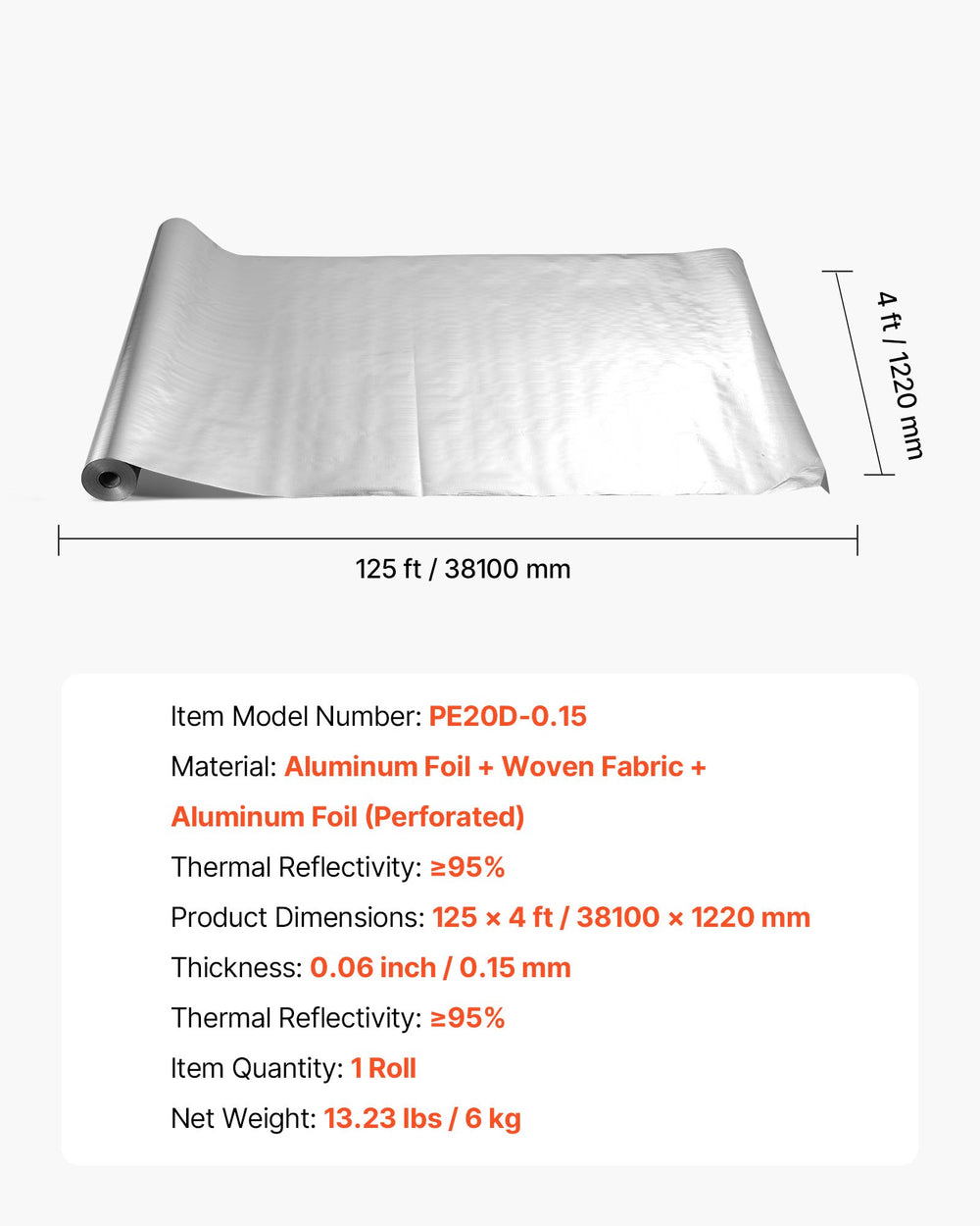 VEVOR Double Reflective Insulation Roll, Perforated Woven Fabric Radiant Barrier, 0.15mm 38.1 m x 1.22 m, Double-Sided Aluminum Foil Heat Reflective Shield, Thermal Insulation Roll for Window RV Roof