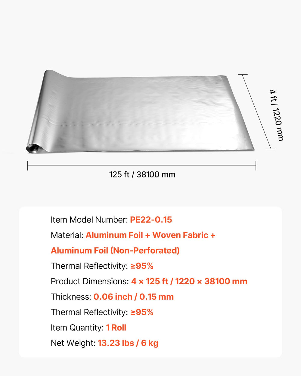 VEVOR Double Reflective Insulation Roll, Non-Perforated Woven Fabric Radiant Barrier, 0.15mm 38.1m x 1.22m, Double-Sided Aluminum Foil Heat Reflective Shield, Thermal Insulation Roll for Window Roof