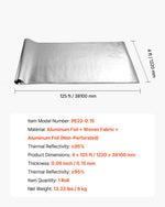 VEVOR Double Reflective Insulation Roll, Non-Perforated Woven Fabric Radiant Barrier, 0.15mm 38.1m x 1.22m, Double-Sided Aluminum Foil Heat Reflective Shield, Thermal Insulation Roll for Window Roof