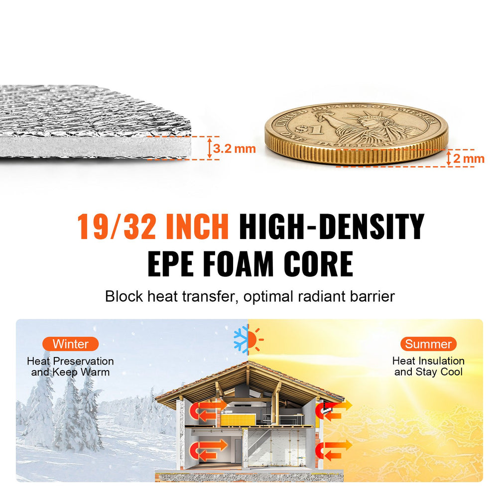 VEVOR Double Reflective Insulation Roll, Foam Core Radiant Barrier, 3.2 mm 48 in x 50 ft, Double-Sided Aluminum Foil EPE Foam Heat Reflective Shield, Thermal Insulation Roll for Window RV Roof