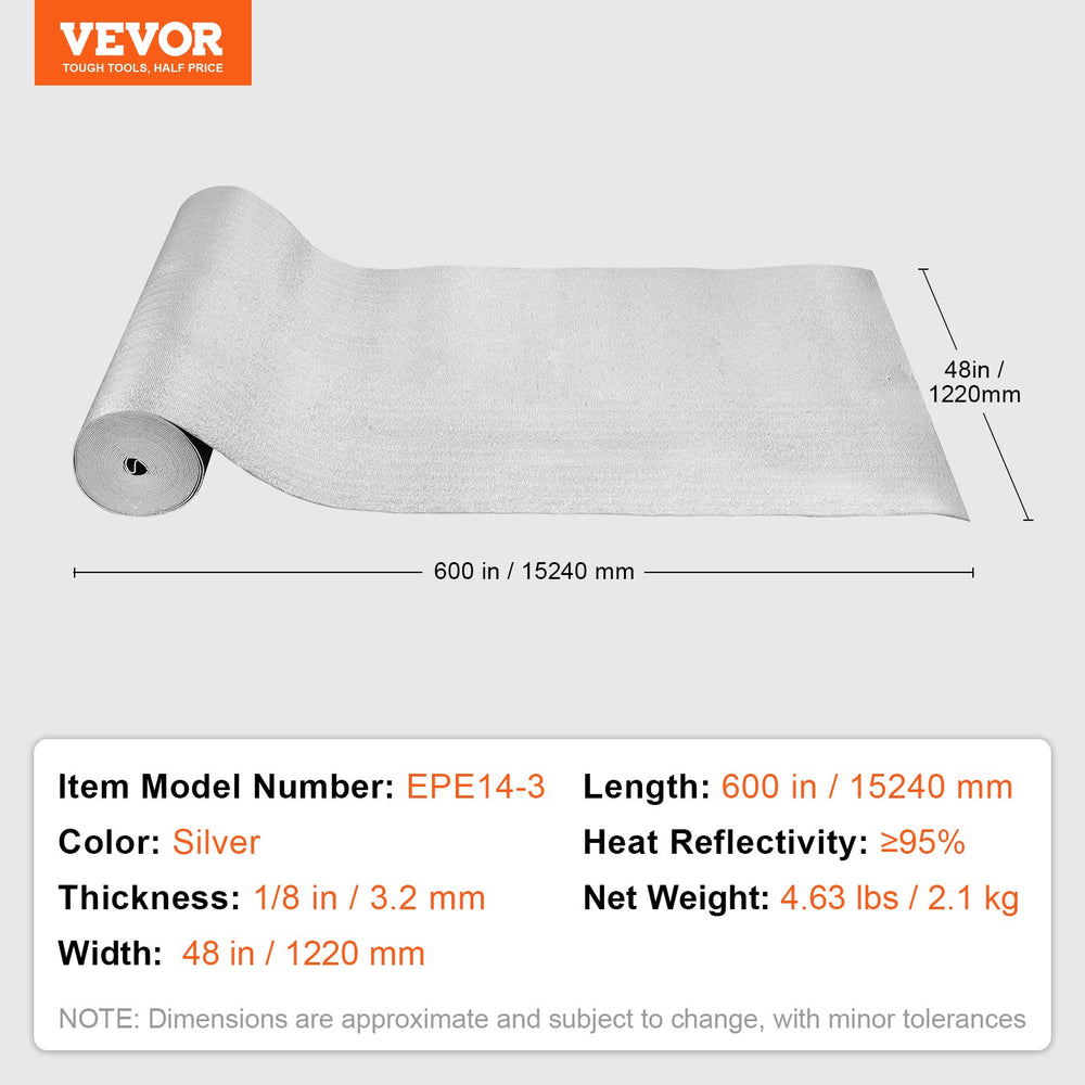 VEVOR Double Reflective Insulation Roll, Foam Core Radiant Barrier, 3.2 mm 48 in x 50 ft, Double-Sided Aluminum Foil EPE Foam Heat Reflective Shield, Thermal Insulation Roll for Window RV Roof