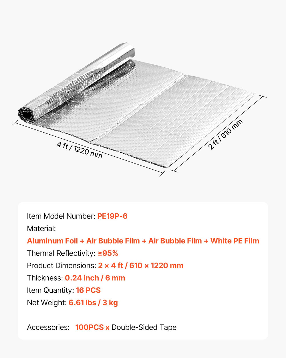VEVOR Double Reflective Insulation Sheet, 16PCS Double-Sided Aluminum Foil Radiant Barrier, 6mm 1.22 m x 0.61 m, Dual-Layer Air Bubble Heat Reflective Shield, Thermal Insulation Rolls