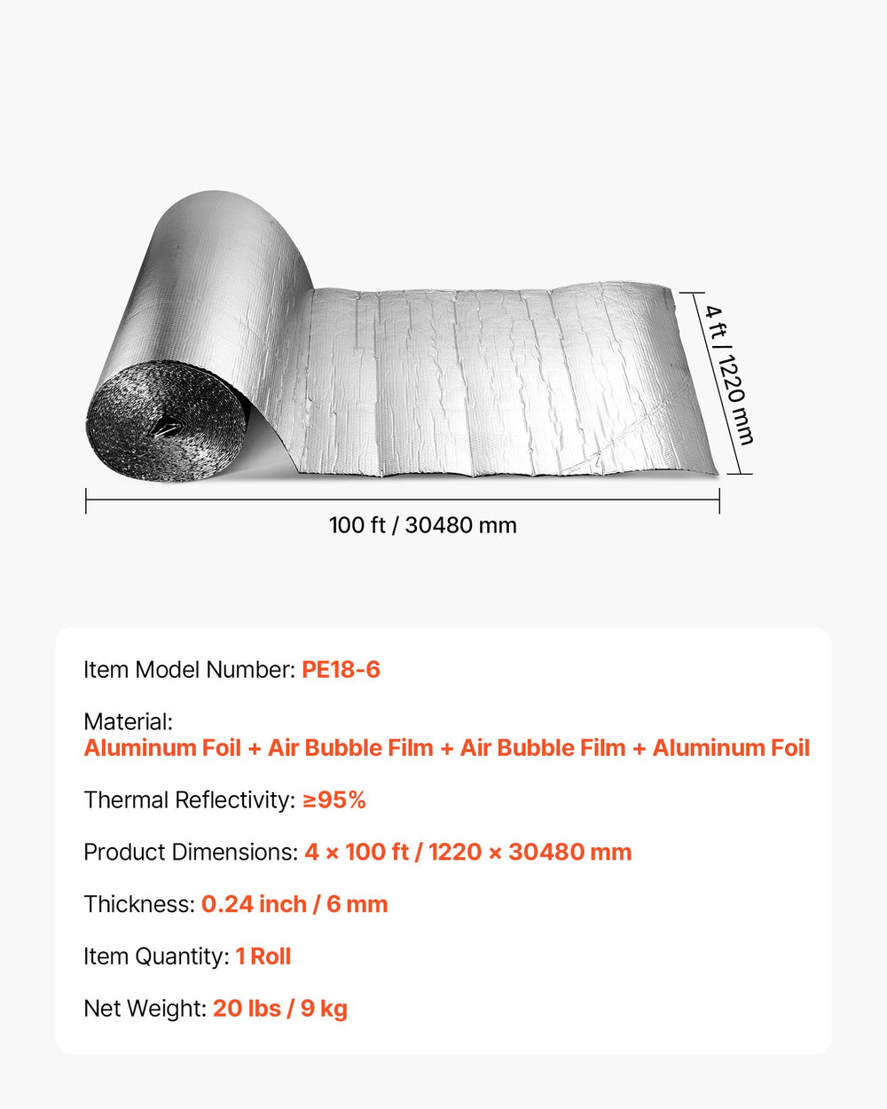 VEVOR Double Reflective Insulation Roll, Double-Sided Aluminum Foil Radiant Barrier, 6mm 30.48 m x 1.22 m, Dual-Layer Air Bubble Heat Reflective Shield, Thermal Insulation Roll for Garage Door Window RV Roofs