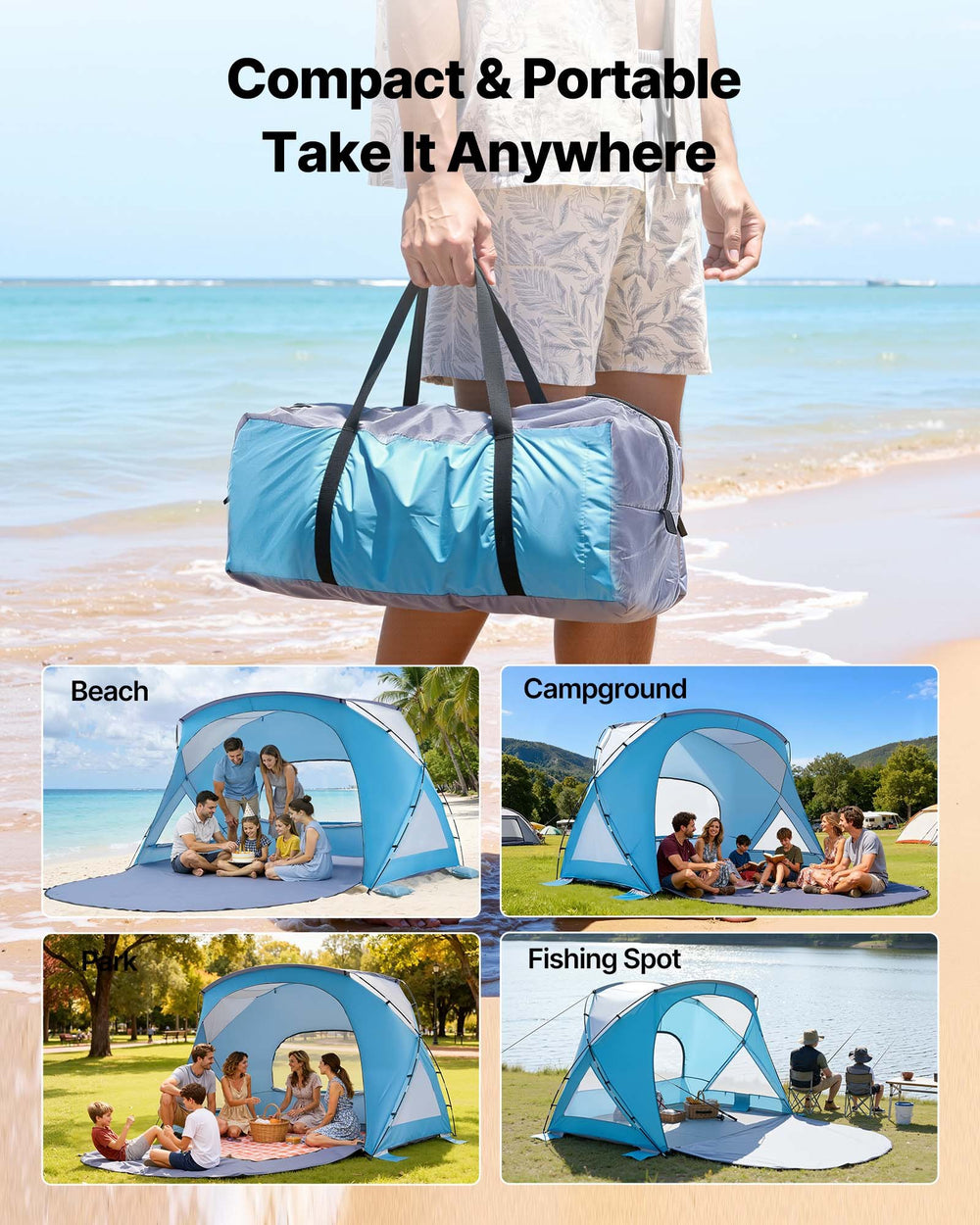 VEVOR Beach Tent Sun Shelter for 6 Person, UPF 50+ Protection, Portable Sun Shade Canopy with Carrying Bag & Sand Pockets, Lightweight and Easy Setup Beach Umbrella for Family Camping Outdoor Picnic